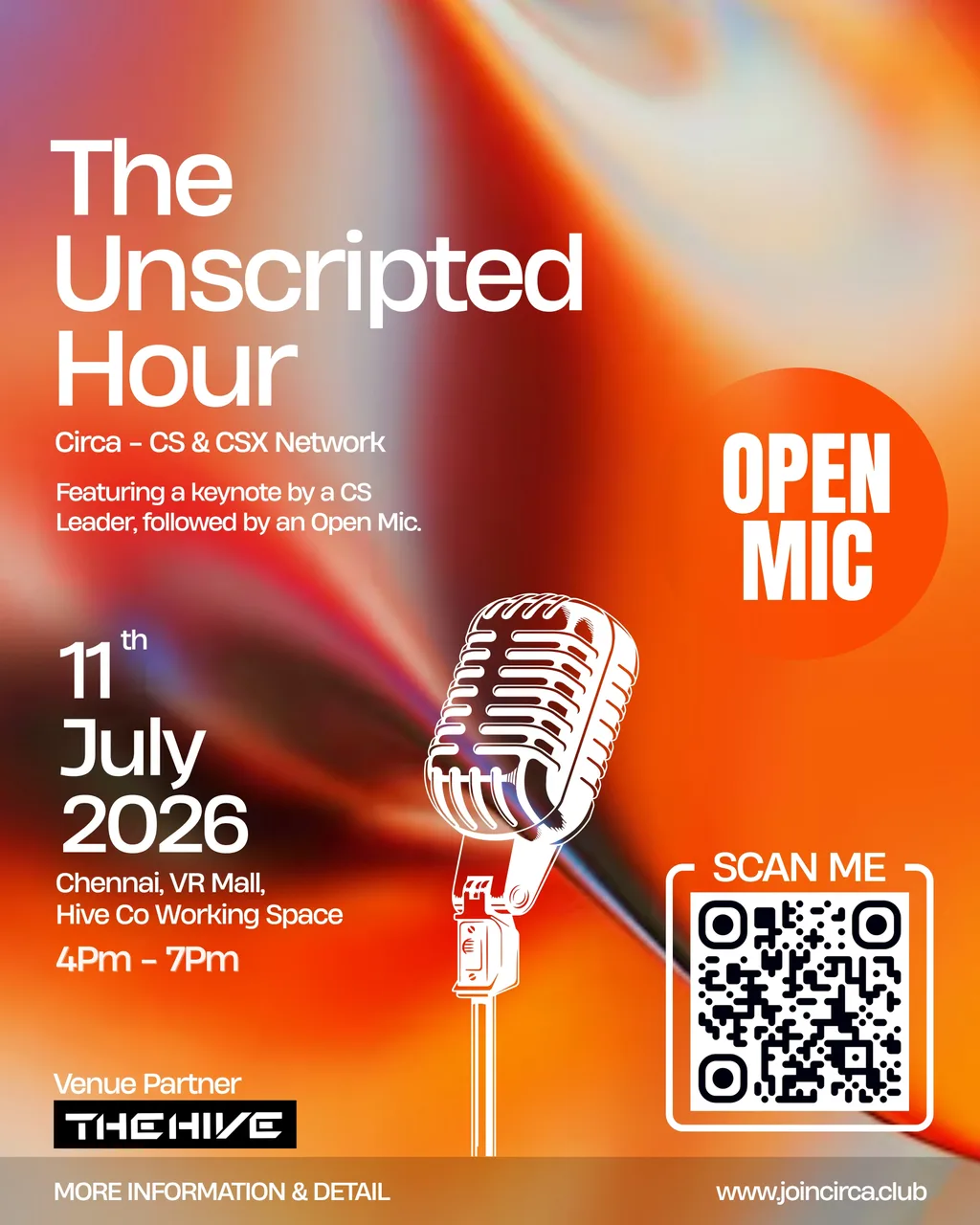The Unscripted Hour, Circa Vol. 02 poster. Saturday, July 11, 2026, 4 to 7 PM at The Hive, VR Mall, Chennai.